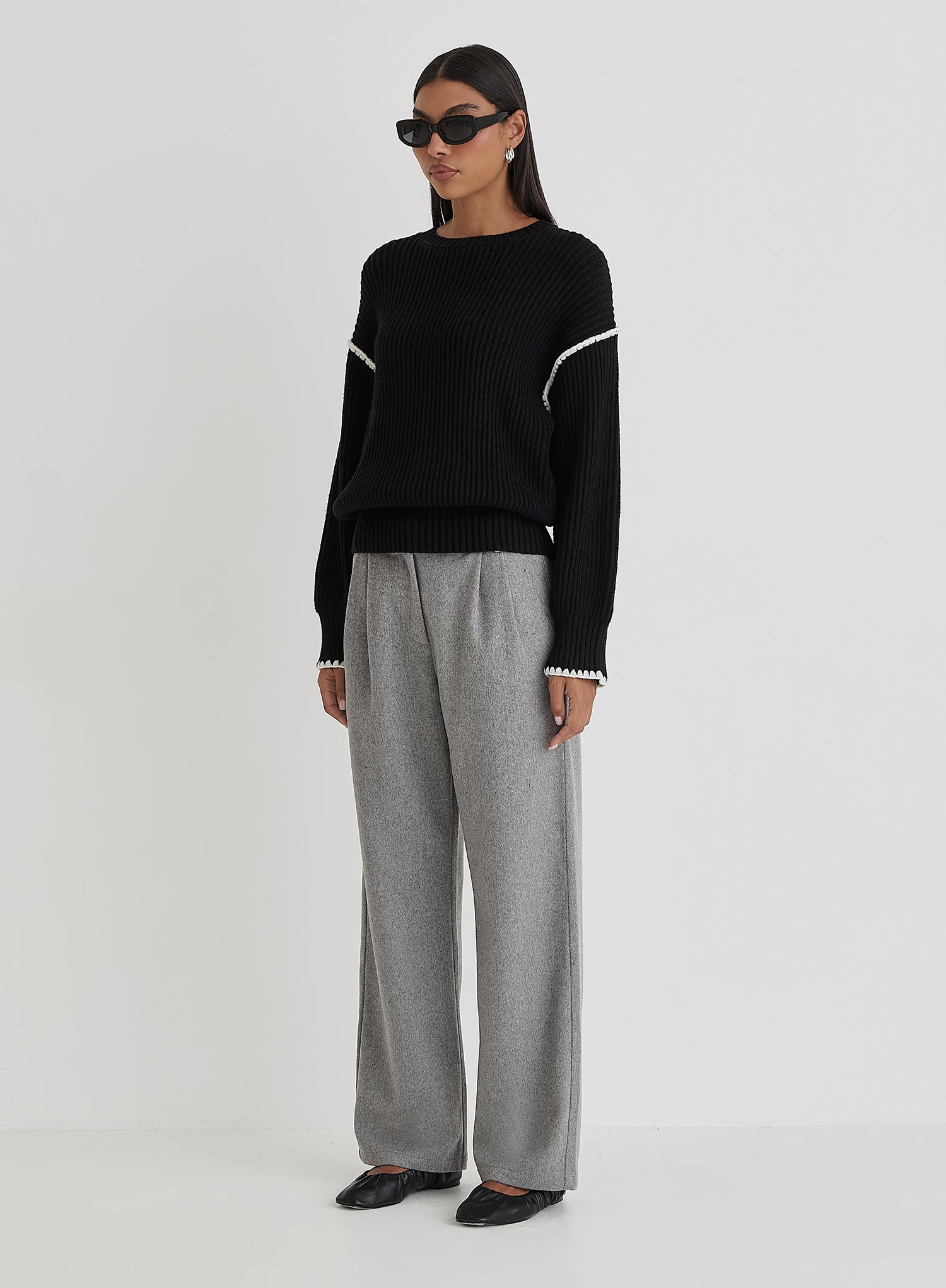 Black Contrast Stitching Knit Jumper